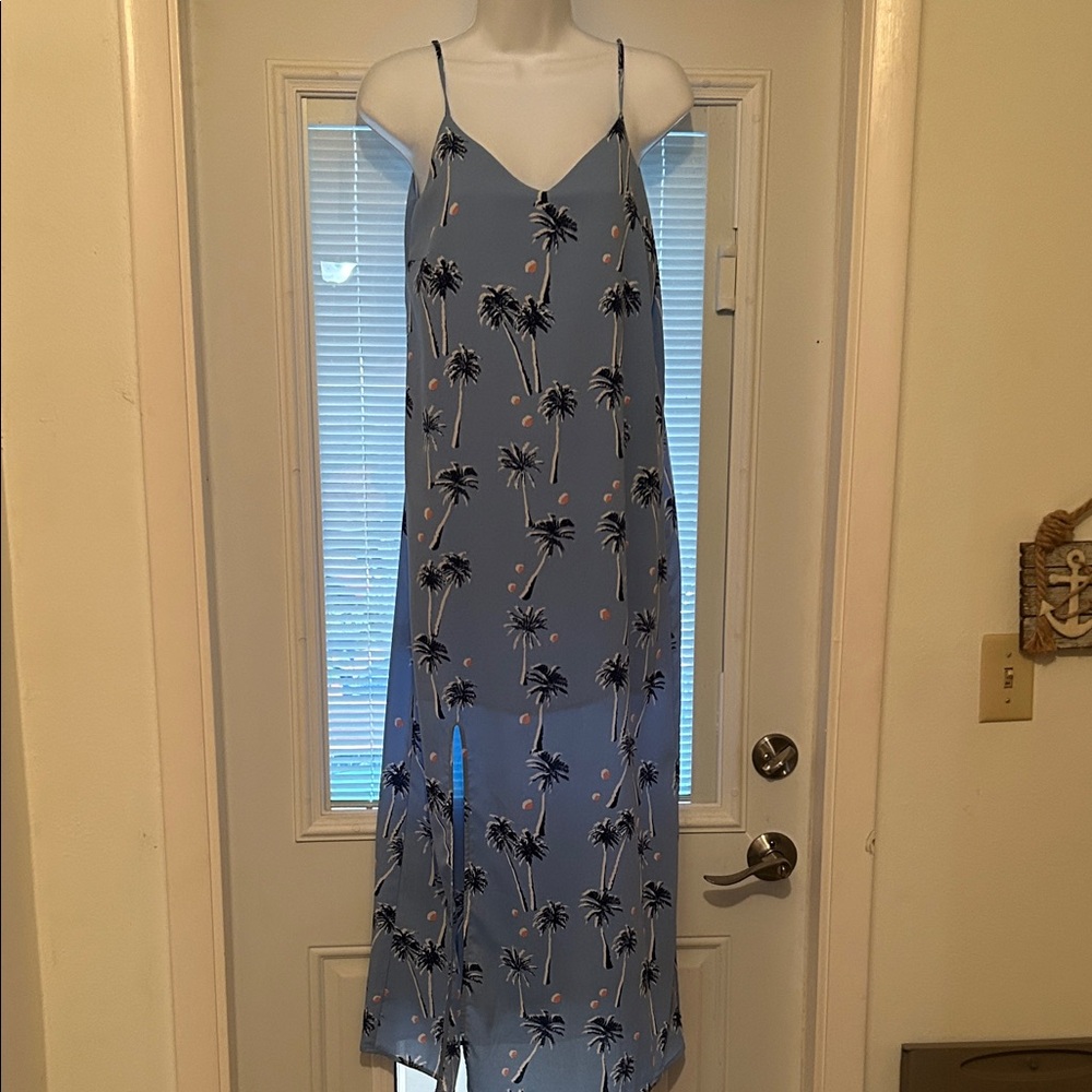 Blue Palm Tree Print Midi Dress